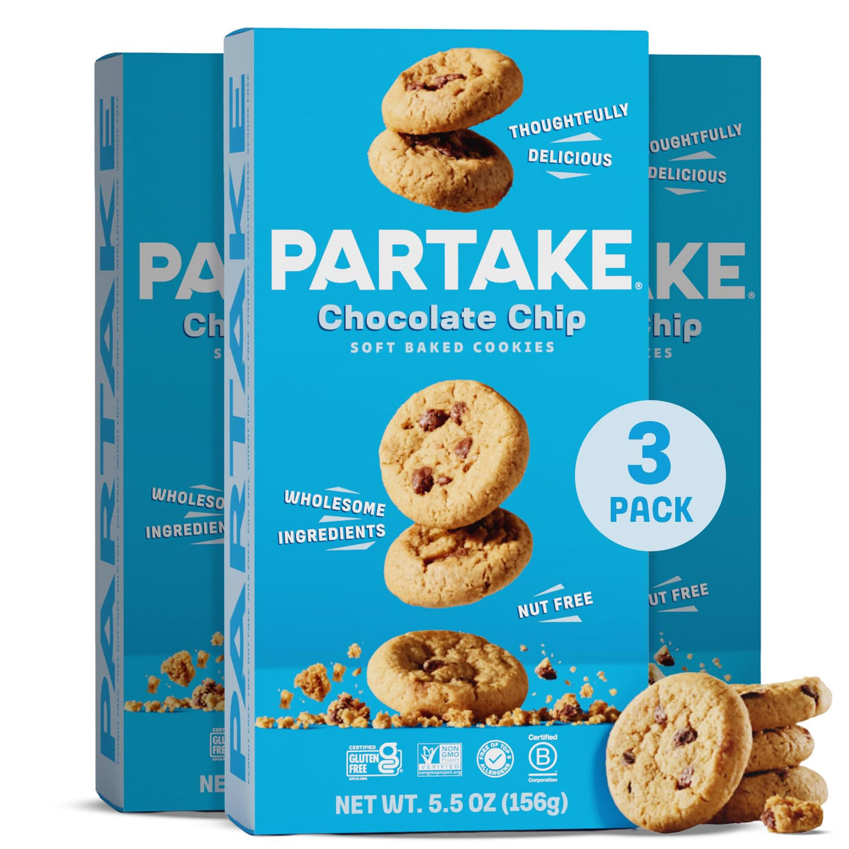 Partake Soft Baked Cookies packaging showing allergen-free packaging for family snacking.