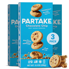 Partake Soft Baked Cookies packaging showing allergen-free packaging for family snacking.
