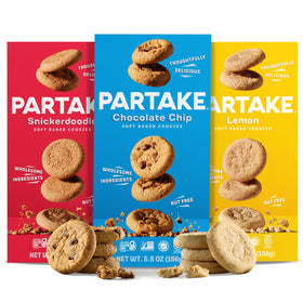 Partake Soft Baked Cookies Chocolate Chip in a resealable pack, allergen-free snack.