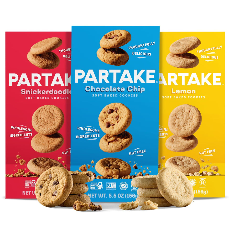Partake Soft Baked Cookies Chocolate Chip in a resealable pack, allergen-free snack.