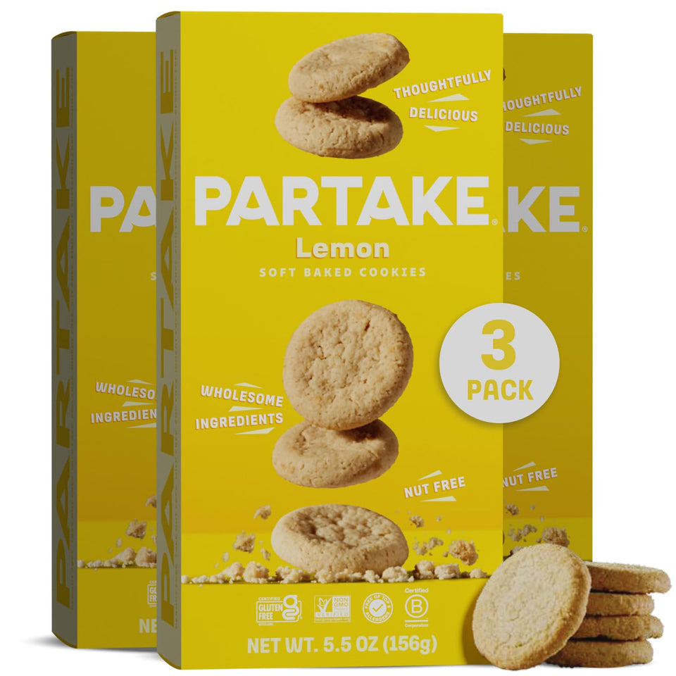 Partake Soft Baked Lemon cookie unwrapped, allergen-free family snack option