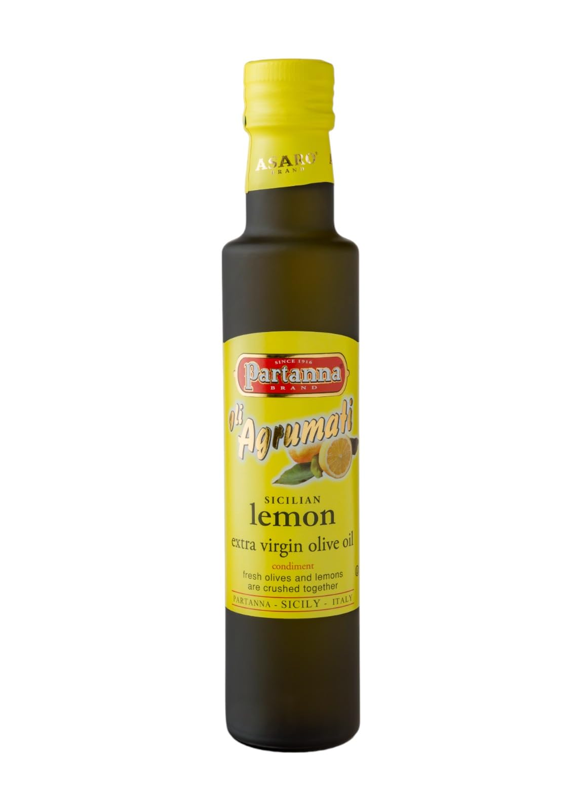 Partanna agrumato lemon olive oil bottle close-up, ideal for finishing salads.