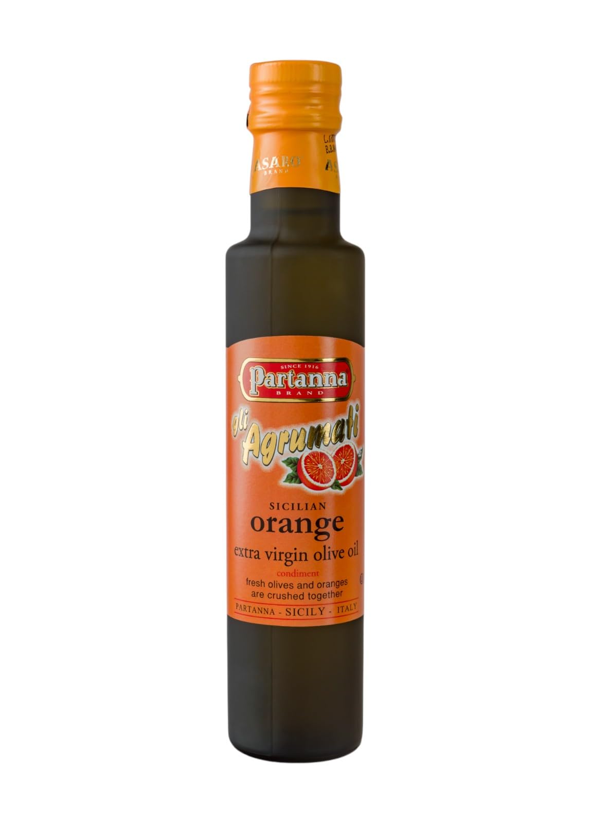 Partanna Agrumato Orange bottle showcasing Sicilian Moro orange-infused olive oil for bright finishing flavor