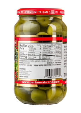 Partanna Castelvetrano olives arranged on platters for an elegant antipasti display.