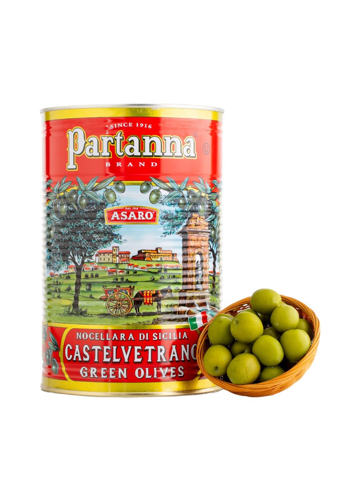 Partanna Castelvetrano Whole Olives on platter showing vibrant color and versatile snacking appeal.