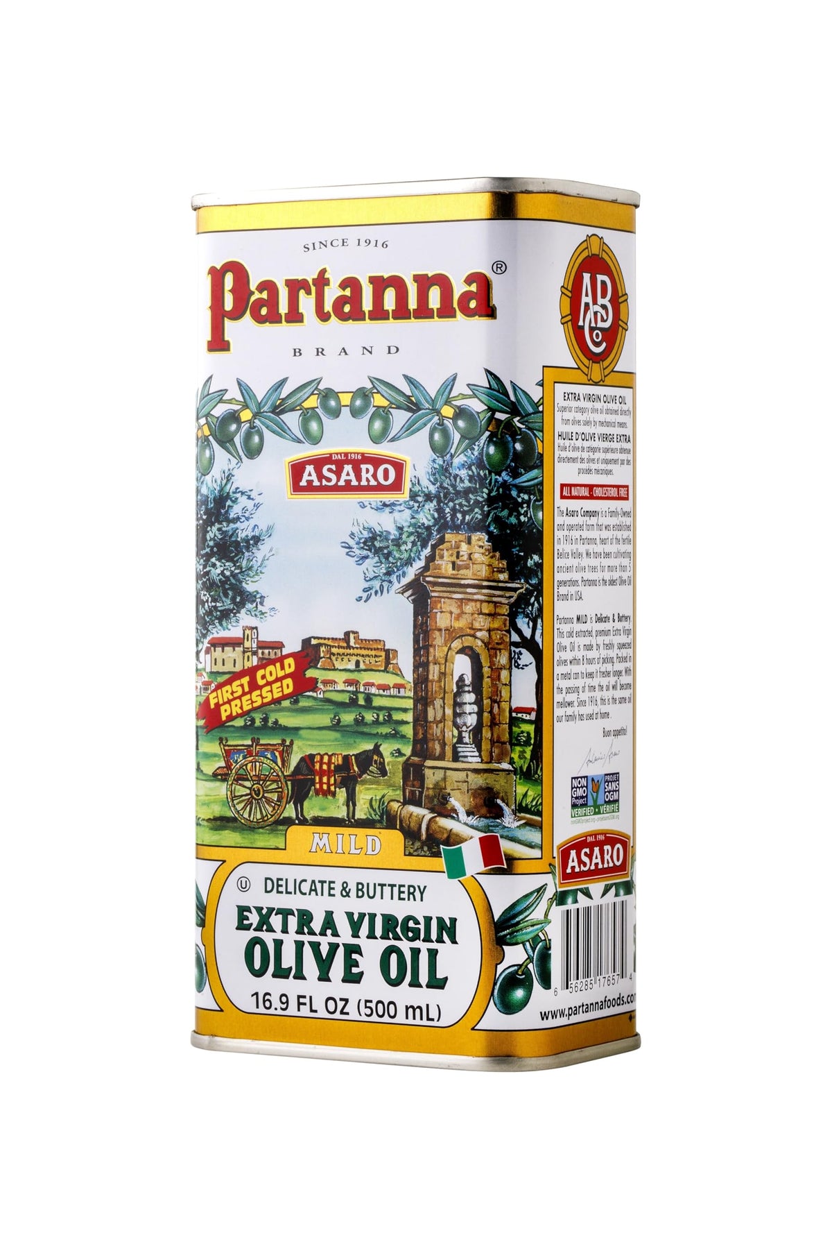 Partanna Everyday Mild EVOO bottle ready for drizzle on seafood