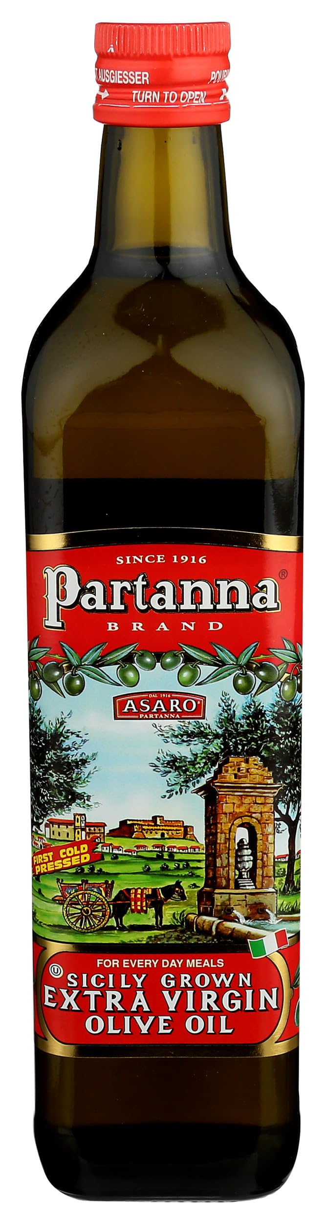 Partanna olive oil bottle on the kitchen shelf, ideal for everyday cooking.