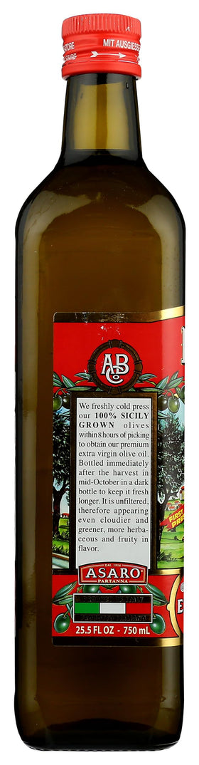 Partanna olive oil in a dark bottle preserves freshness and flavor.