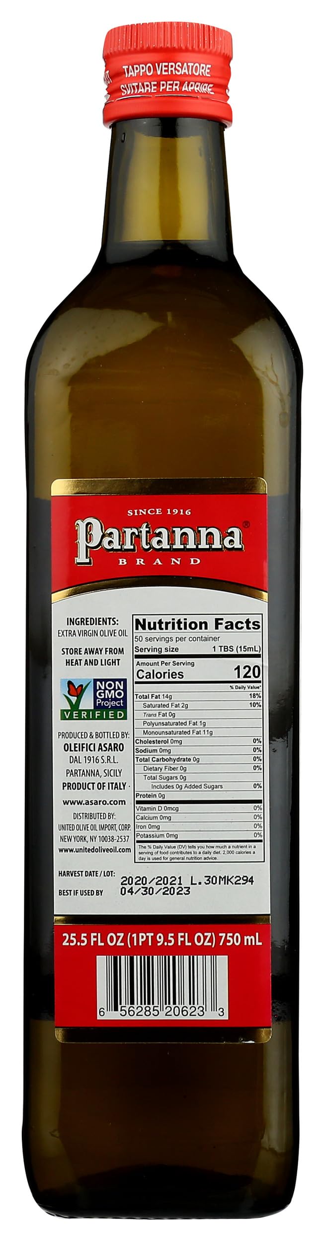 Partanna olive oil label close-up shows Nocellara del Belice origin and premium quality.