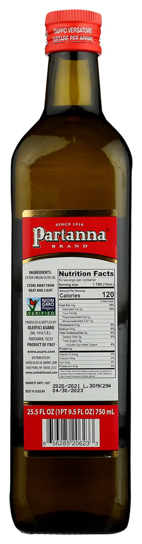 Partanna olive oil label close-up shows Nocellara del Belice origin and premium quality.