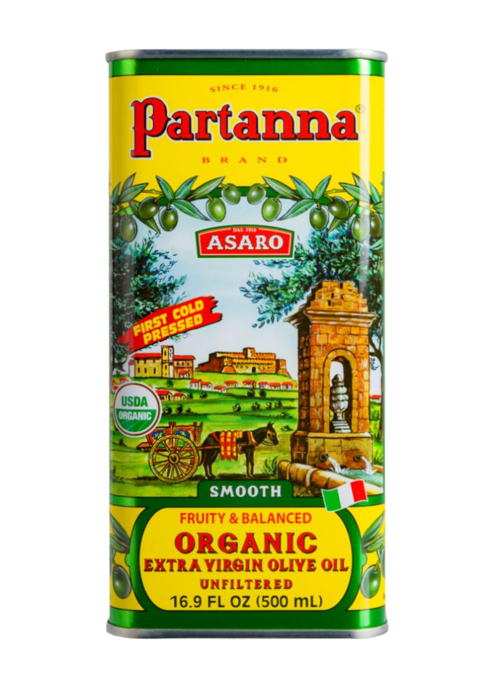 Partanna Organic Unfiltered EVOO bottle pour highlighting buttery flavor for salads.