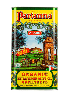 Partanna Organic Unfiltered EVOO tin shows a rich color, ideal for finishing salads.