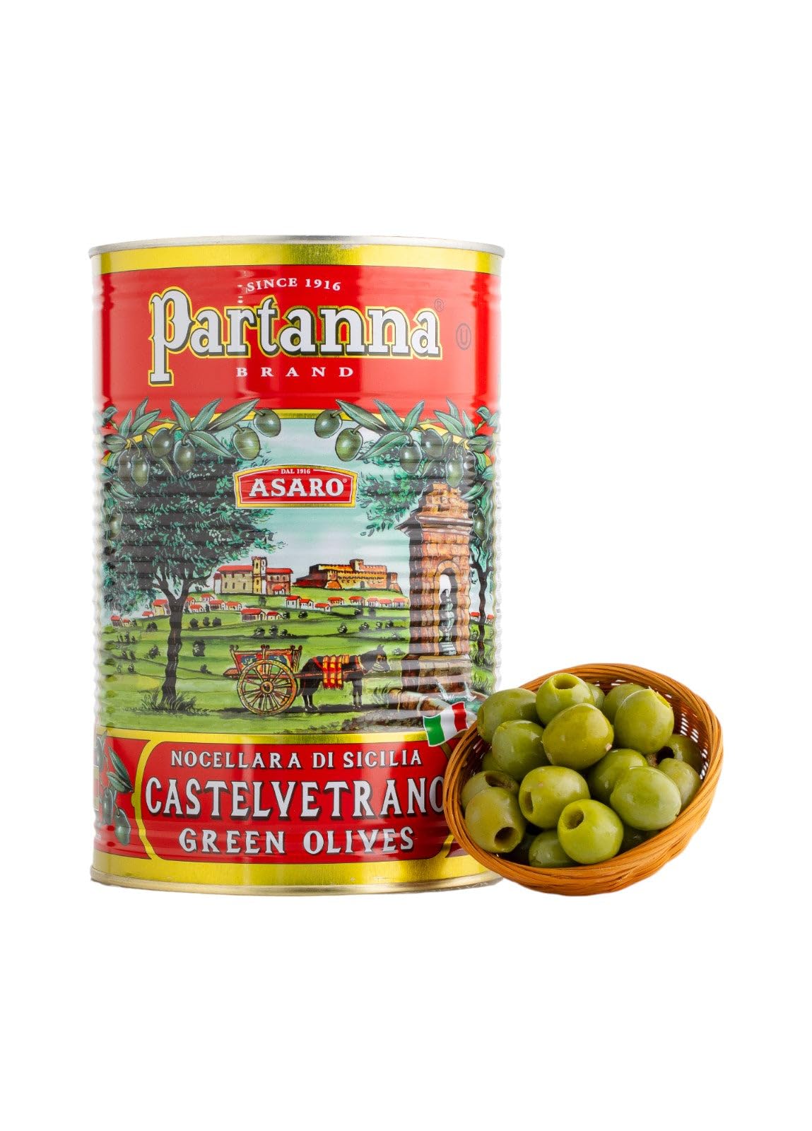 Partanna Pitted Castelvetrano Olives can close-up shows vibrant green color and firm texture for salads.