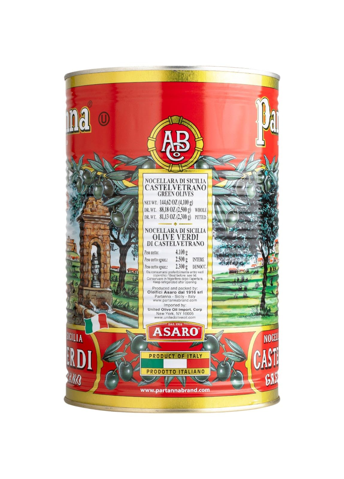Partanna Pitted Castelvetrano Olives can-front highlights premium quality for Mediterranean recipes.