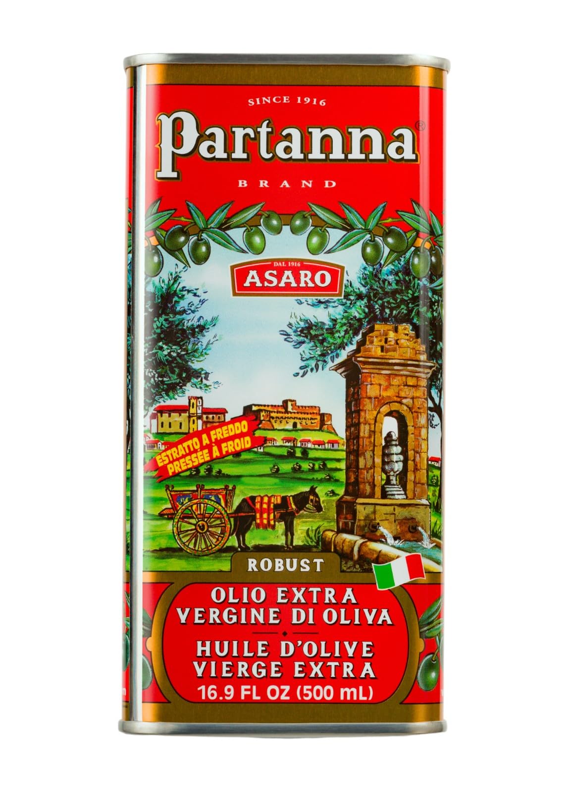 Partanna award seal on tin signifies quality and heritage.