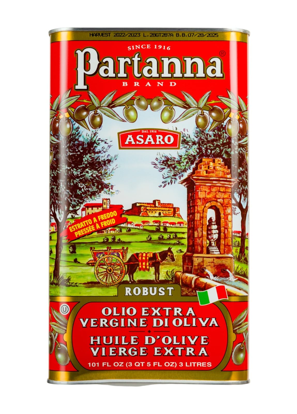Partanna Robust EVOO on kitchen counter highlights traditional Sicilian craftsmanship