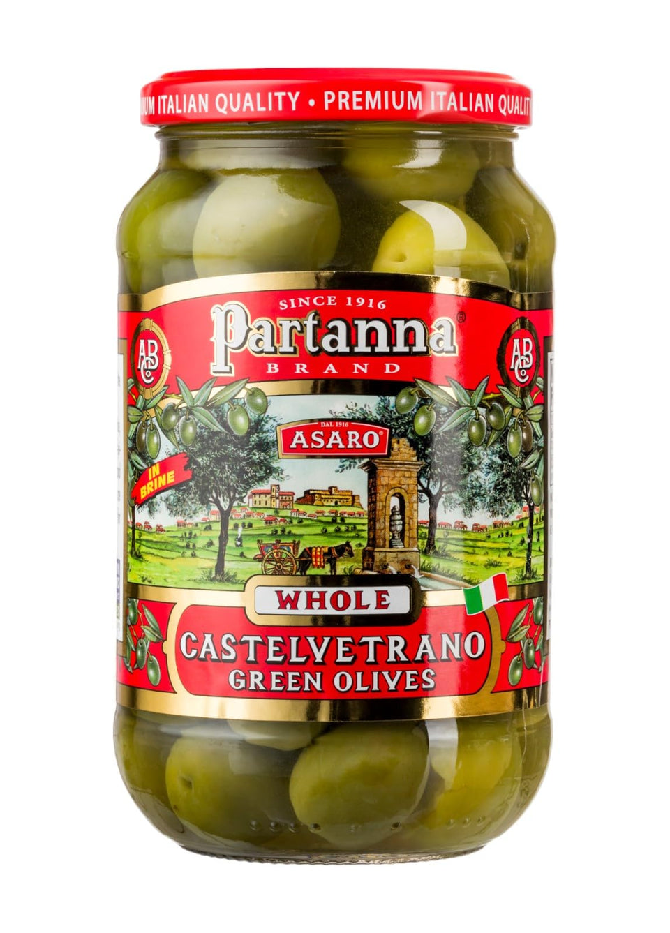 Partanna whole Castelvetrano olives in a 19oz jar, premium handpicked quality for snacking.