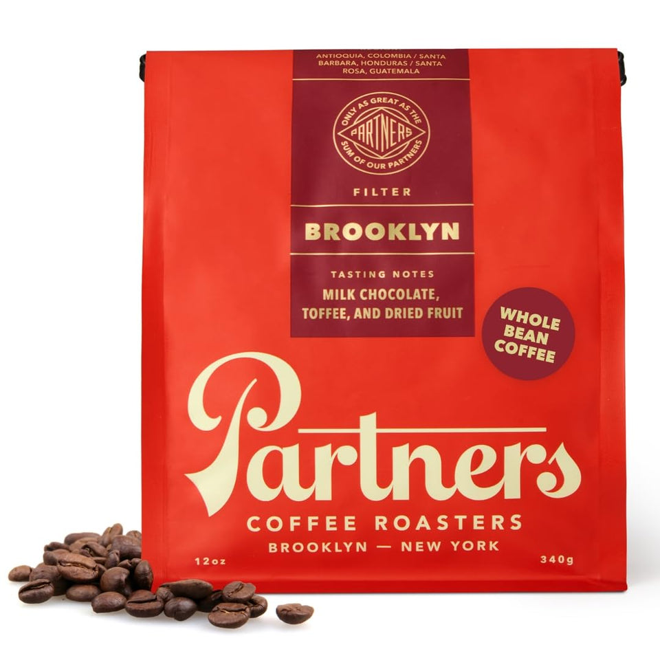 Partners Coffee Roasters Brooklyn Blend bag showcasing fresh beans for daily home brewing.
