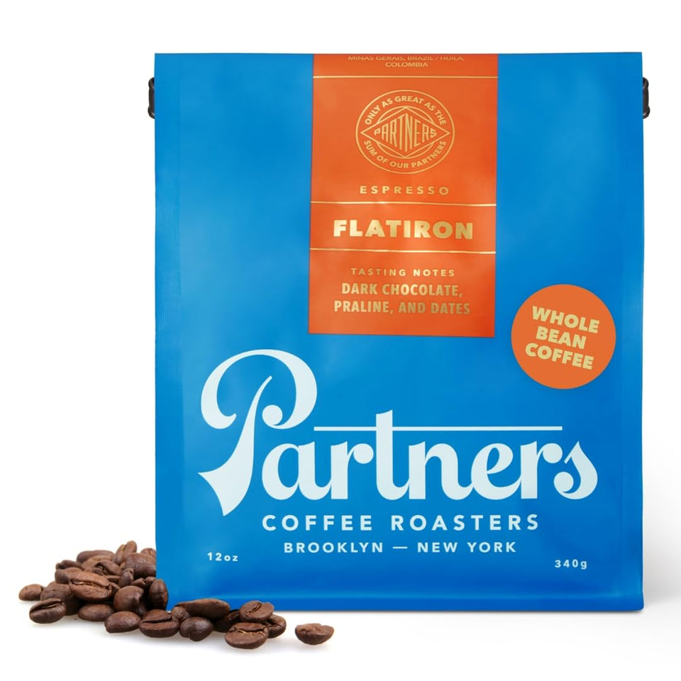 PARTNERS COFFEE ROASTERS Flatiron Espresso bag front with fresh whole beans for NYC mornings