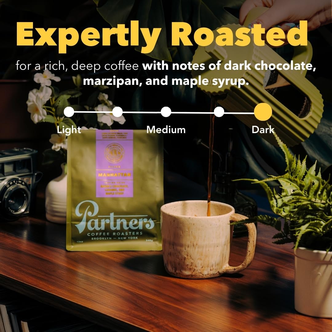 PARTNERS COFFEE ROASTERS bag close-up showing roast date and packaging.