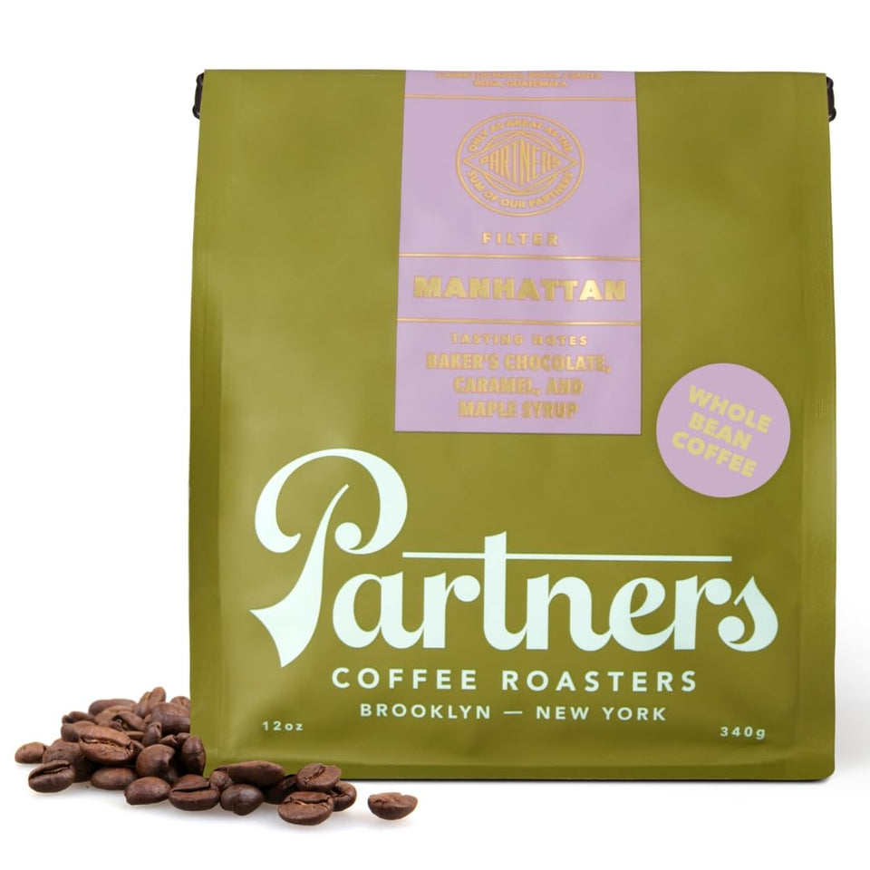 PARTNERS COFFEE ROASTERS Manhattan Blend beans with bold, chocolatey notes.