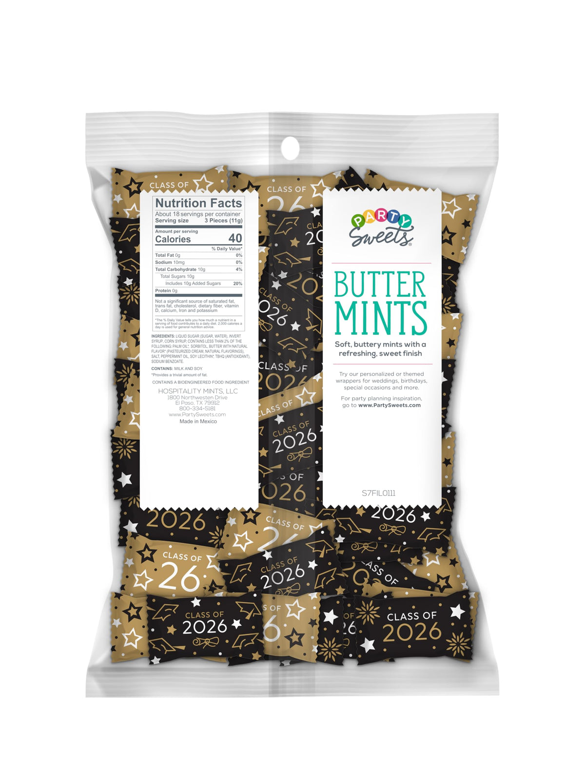 Party Sweets bag closeup highlighting individually wrapped mints for easy party favors