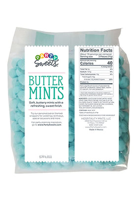 Party Sweets Blue Buttermints displayed as party favors and candy bowls.