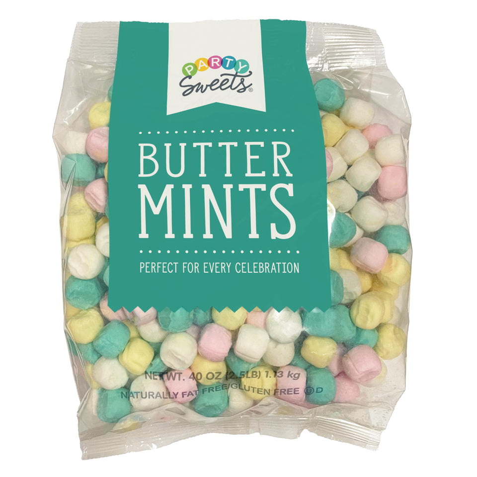 Party Sweets buttermints bag display, a convenient party-size treat for celebrations.