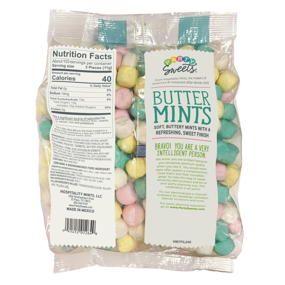 Party Sweets buttermints unwrapped on a dessert table, ideal as a party favor.