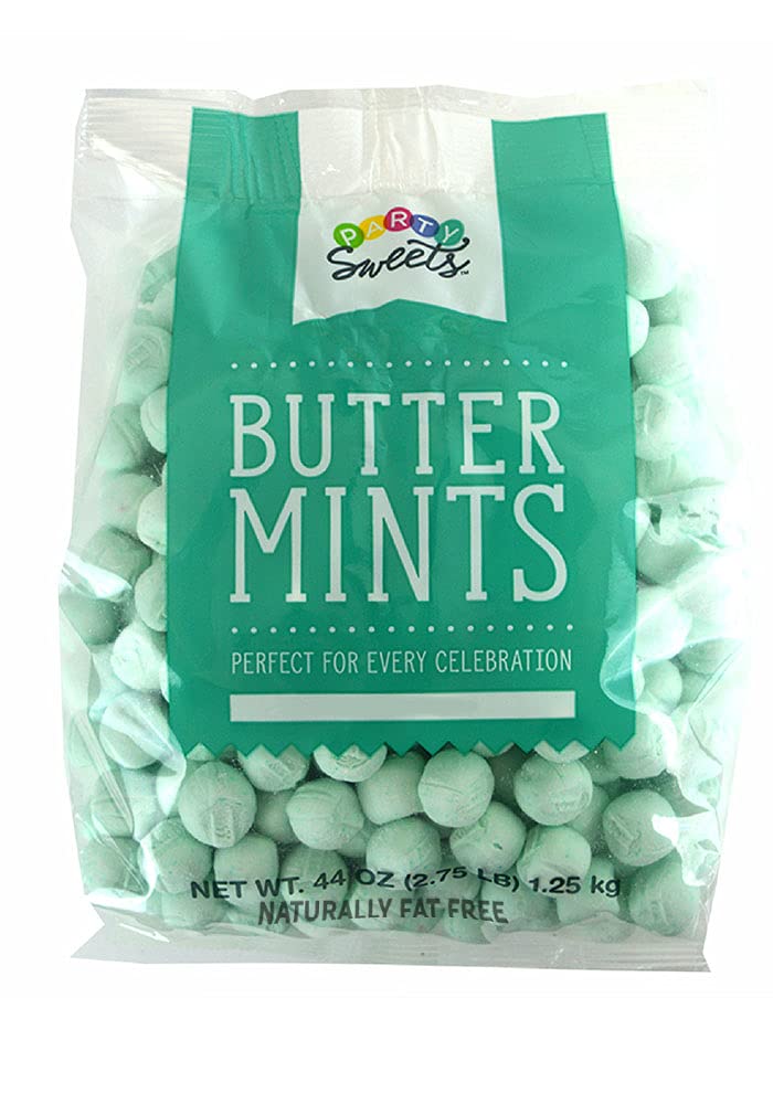Party Sweets mint-green buttermints on a table as festive décor.