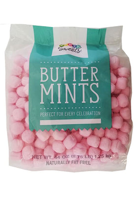 Party Sweets Pink Buttermints bag closeup, vibrant color ideal for party tables.