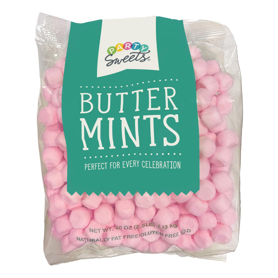 Party Sweets Pink Buttermints closeup shows soft texture for elegant table decor.