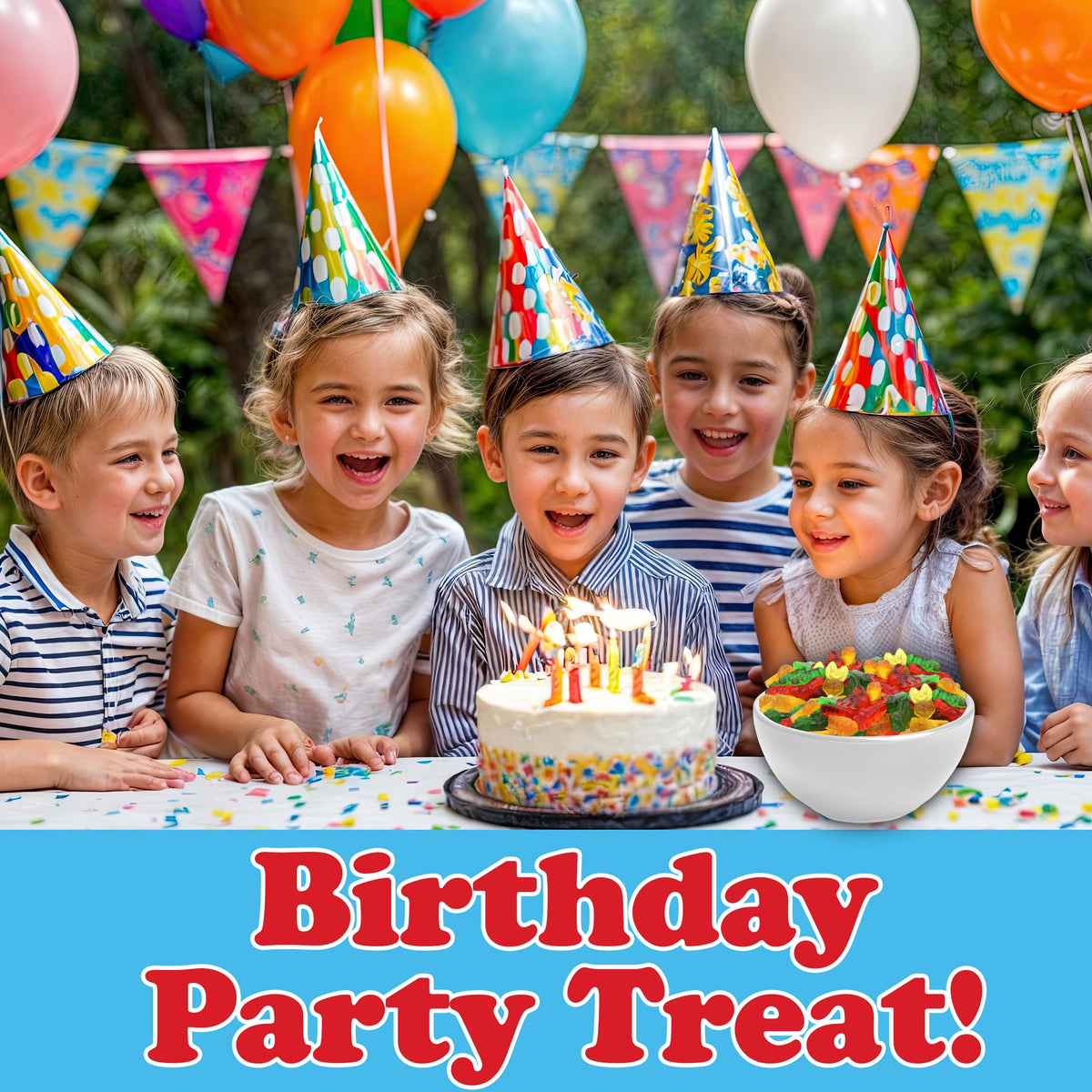 Partypom gummies in sealed packaging stay fresh for parties and egg hunts.