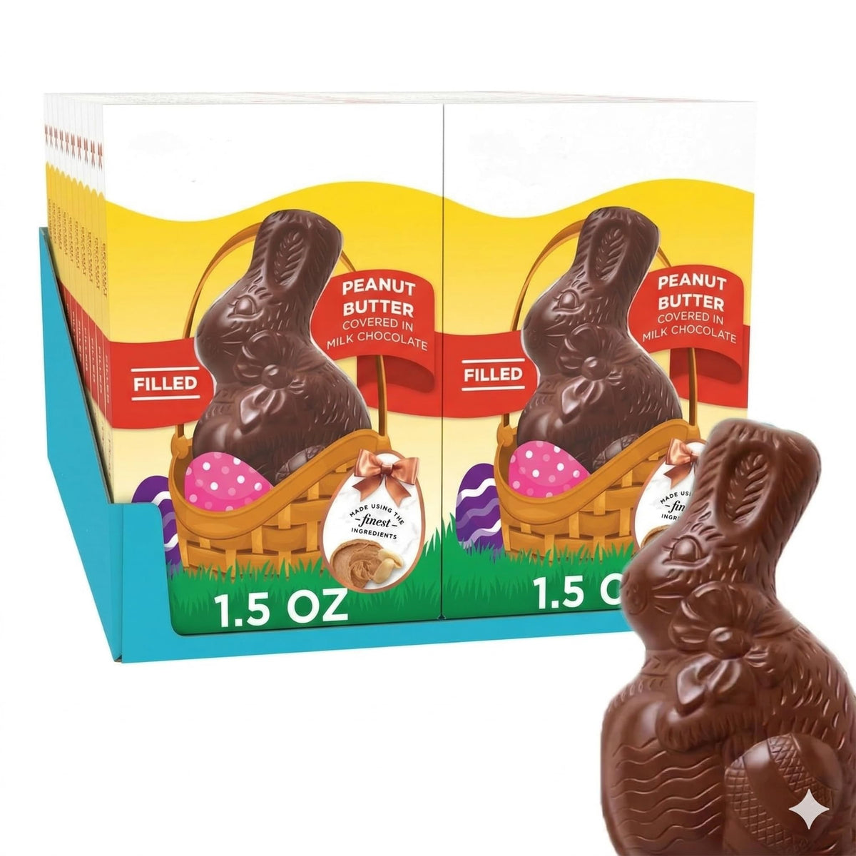 Partypom Easter bunny with milk chocolate and peanut butter filling, ideal for baskets and egg hunts.
