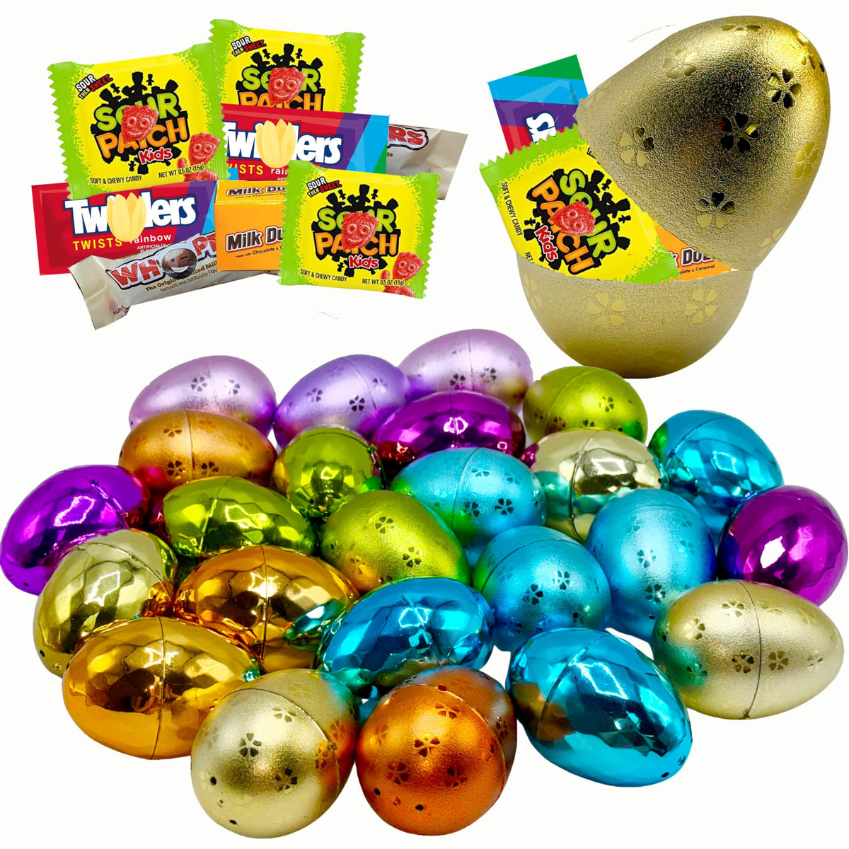 Partypom Easter eggs with fillable metallic shells and assorted wrapped candy for festive, colorful egg hunts
