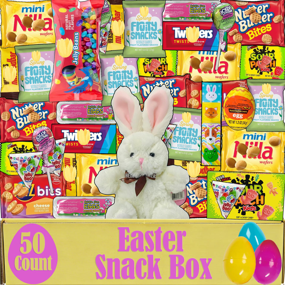 Partypom Easter snack box 50-count with plush bunny for joyful gift-giving and classroom sharing