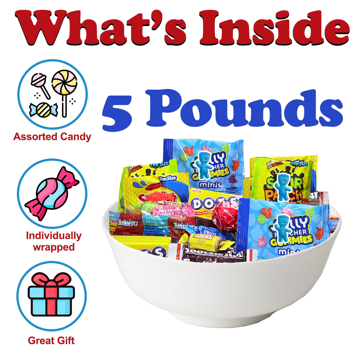 Partypom fruity gummies and lollipops in assorted mini packets for easy grabbing.