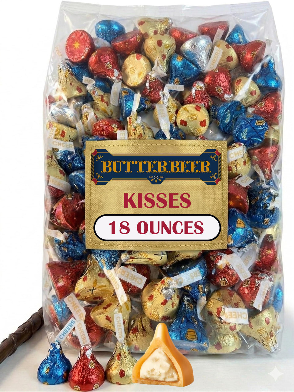Partypom Hershey Kisses Butterbeer candy with gold, blue, and red foils ideal for party favors and snacking