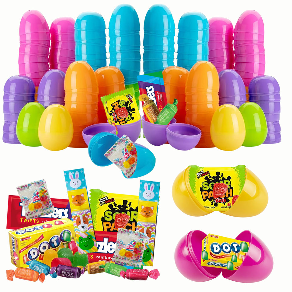 Partypom prefilled Easter eggs with candy and stickers for easy, mess-free egg hunts.