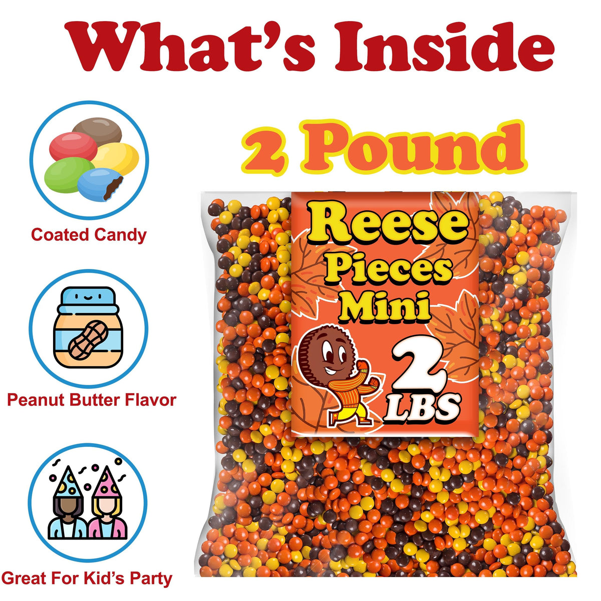 Partypom Reese Pieces crunchy-shell candy atop a dessert bowl for texture.