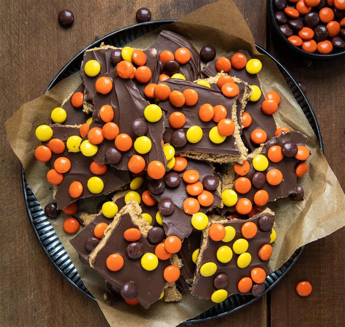 Partypom Reese Pieces displayed on a platter as a party candy option.