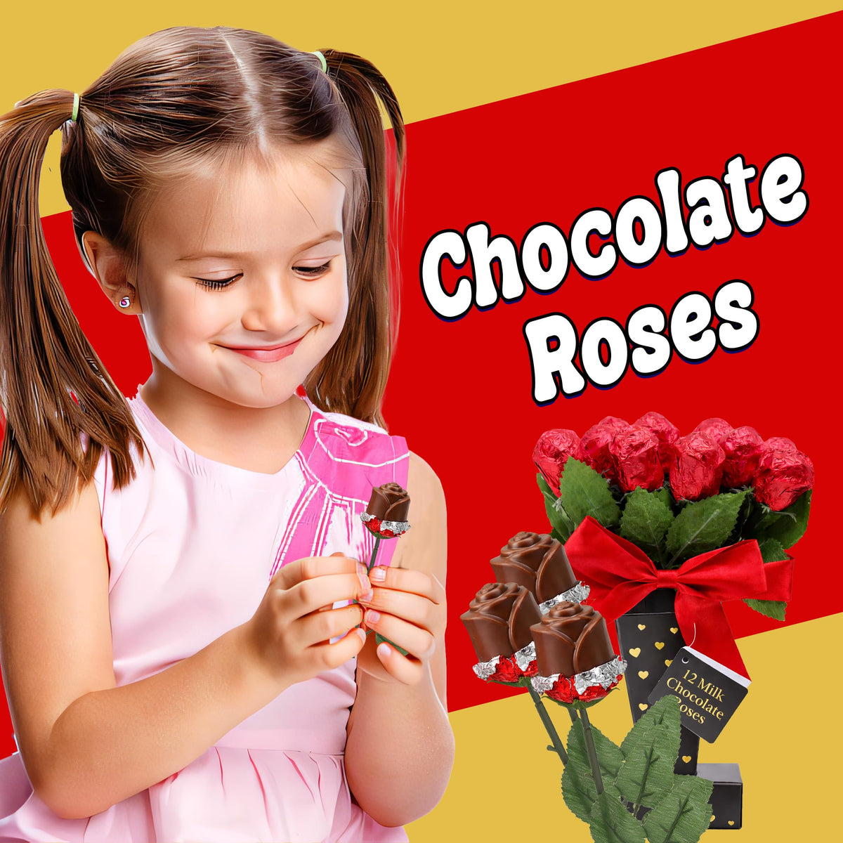 Partypom roses wrapped in red foil with elegant presentation