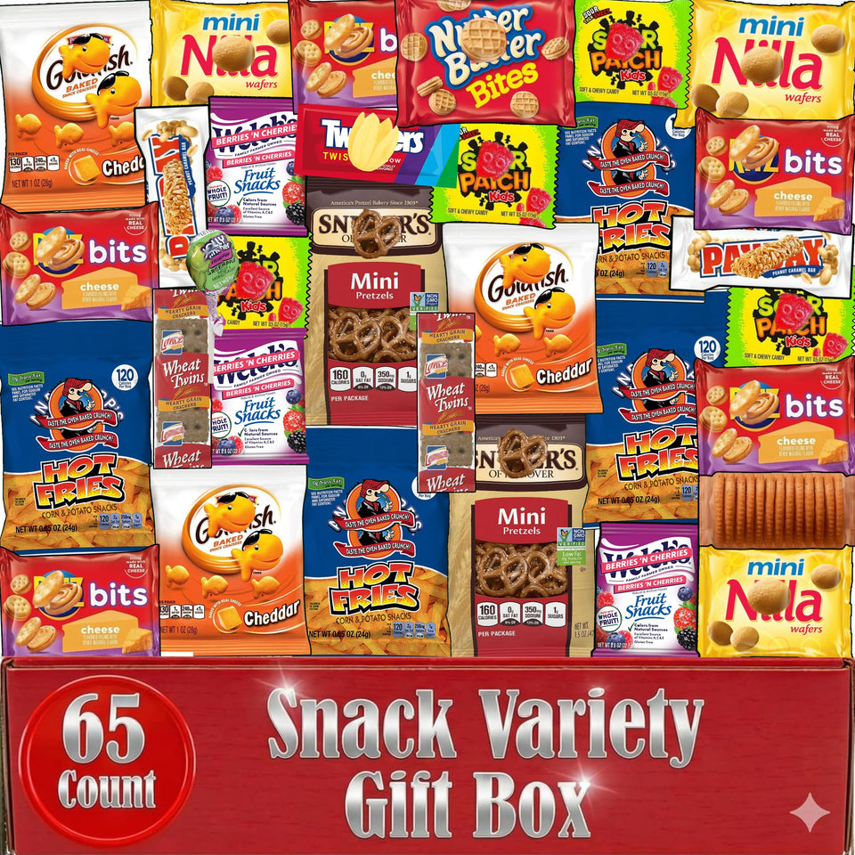 Partypom Snack Box Variety Pack with 65 individually wrapped snacks, ideal for gifting.