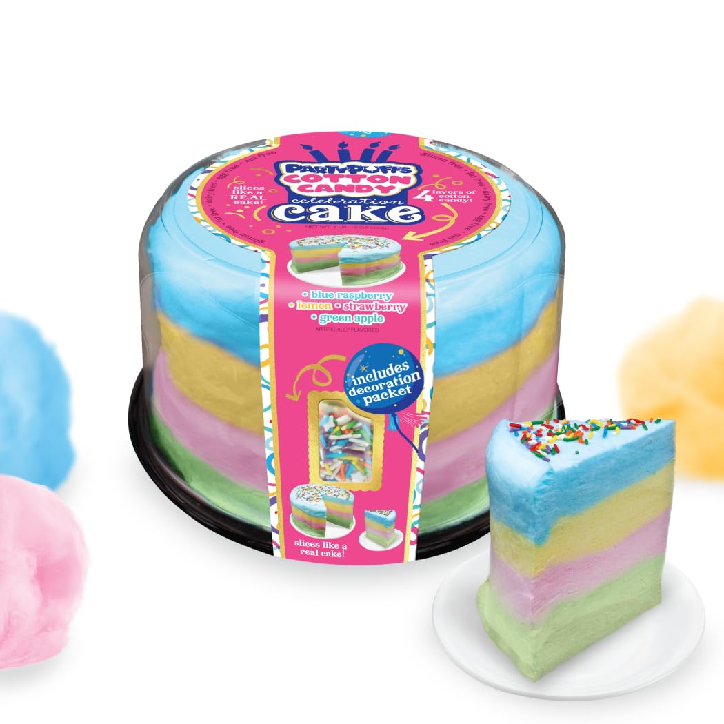 PartyPuffs cotton candy cake slice ready to serve at a party