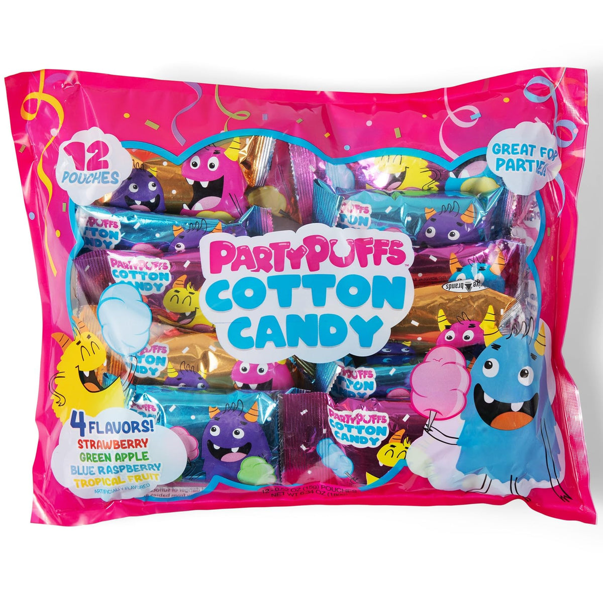 Partypuffs Cotton Candy Variety Pack with 12 pouches for easy party favors