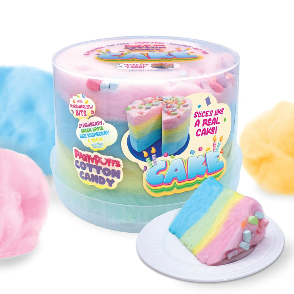 PartyPuffs sliceable cotton candy cake on a party tray, ideal for entertaining.
