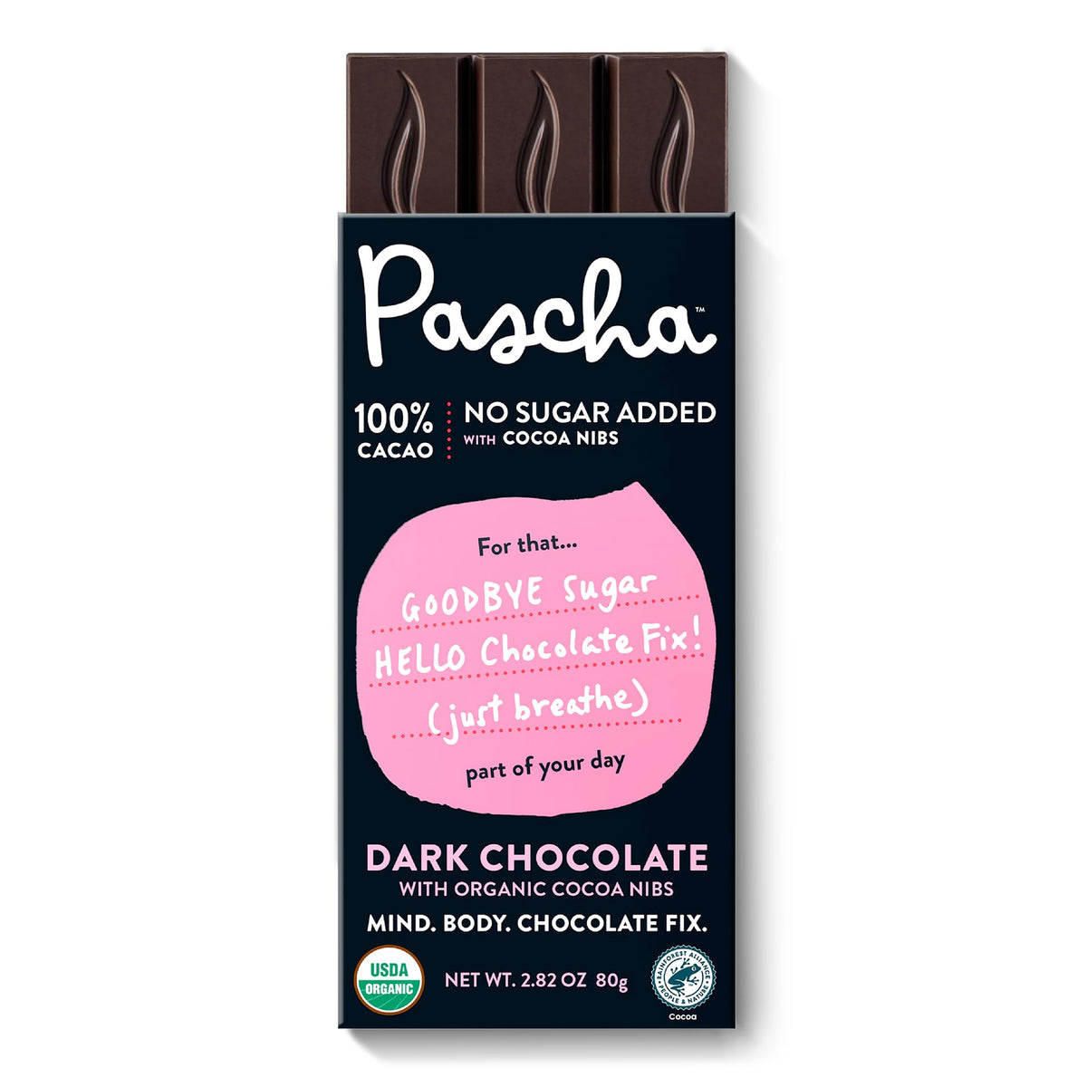 Pascha 100% cacao dark chocolate bar with cocoa nibs for rich, crunchy flavor.