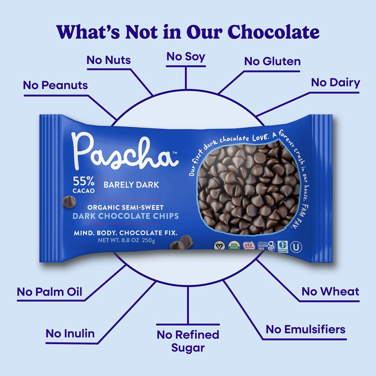 Pascha dairy-free semi-sweet chips in a mixing bowl for cookies.