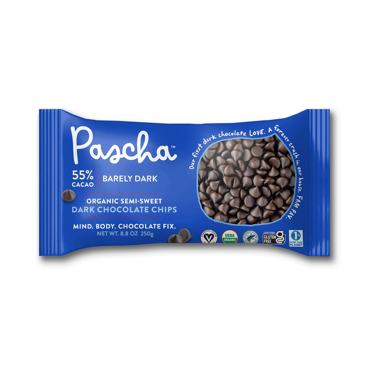 Pascha Organic 55% cacao chips pack shot showing vegan ingredients.
