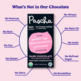 Pascha organic gluten-free dairy-free chocolate pack highlights pure ingredients.